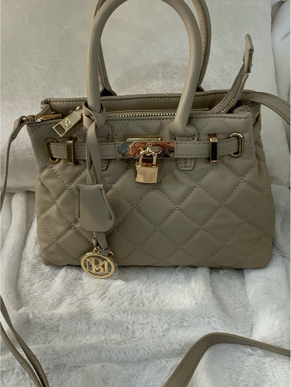 Mini Beige Quilted Leather Handbag with Gold Hardware Lock